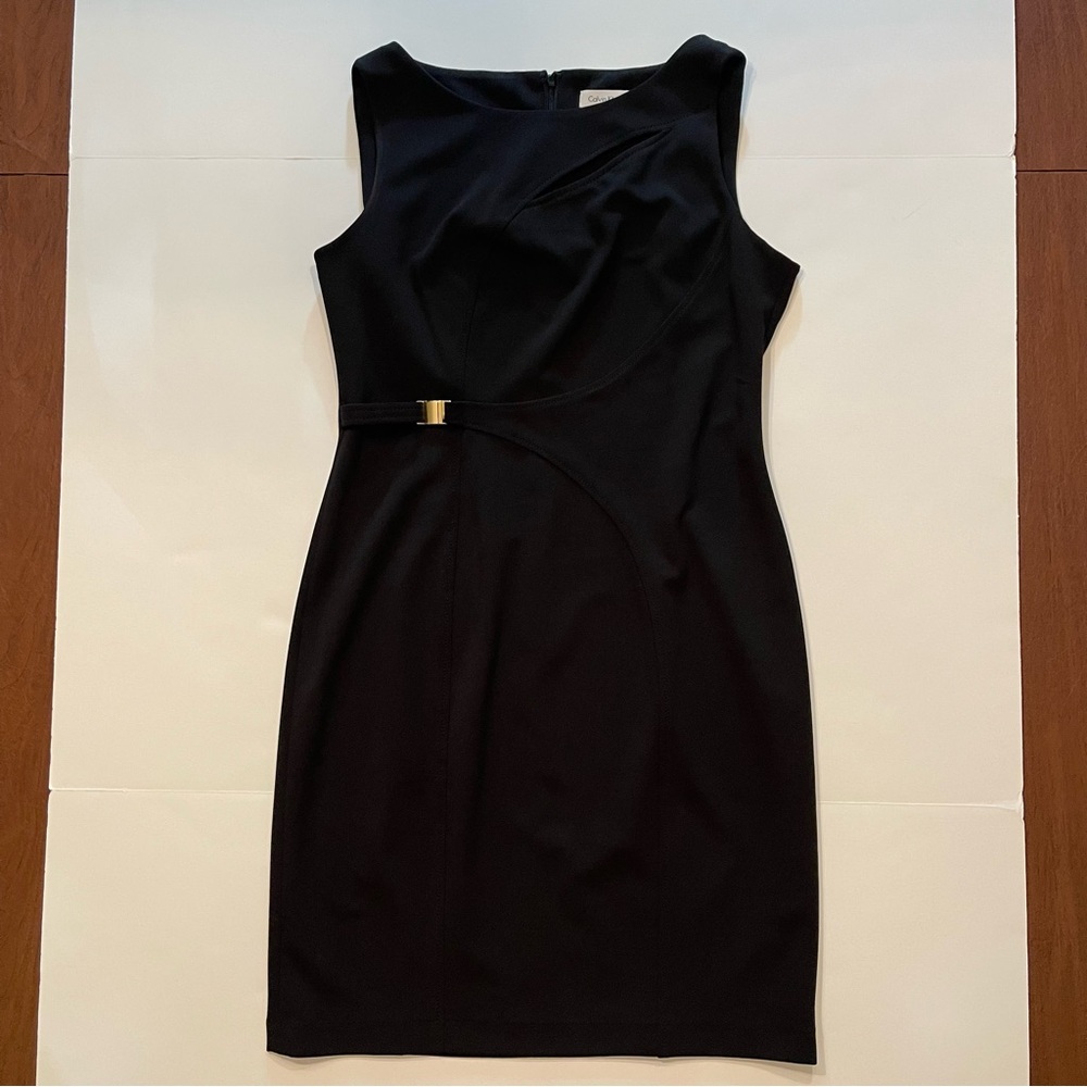 Calvin Klein Black Sleeveless Sheath Bateau Neck Gold Buckle Stretch Dress 12 - Picture 11 of 11